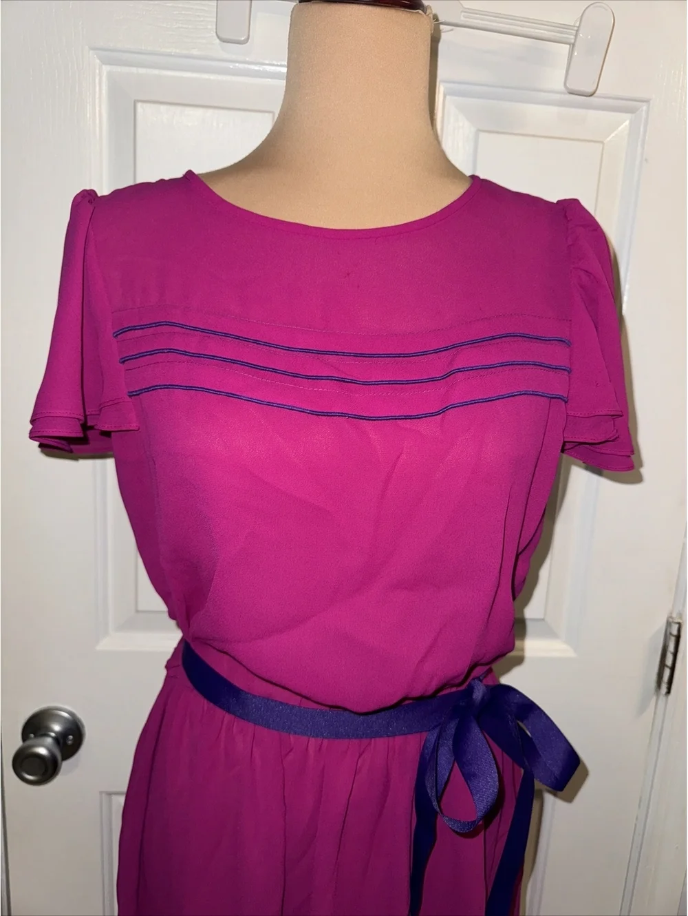 Vintage 80s Fushia Chiffon Boho Secretary Light Sheer Midi Dress size 6/8